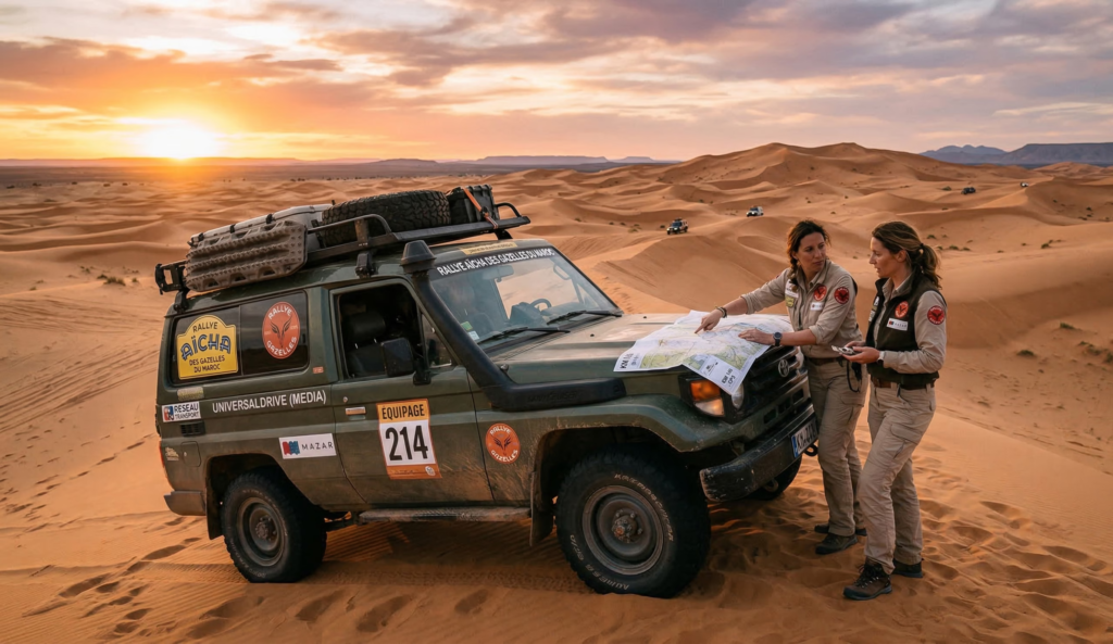 Deux femmes de l'équipage du Rallye Aïcha des Gazelles 2026 consultant une carte sur un 4x4 dans le désert du Maroc - Universal Drive